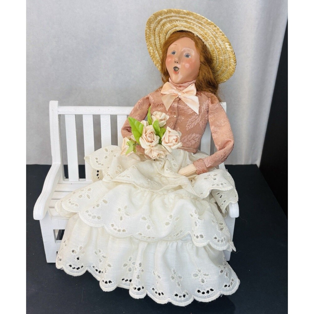 Byers Choice 2020 Woman Lady Sitting on White Bench w/ Flowers Bouquet HTF